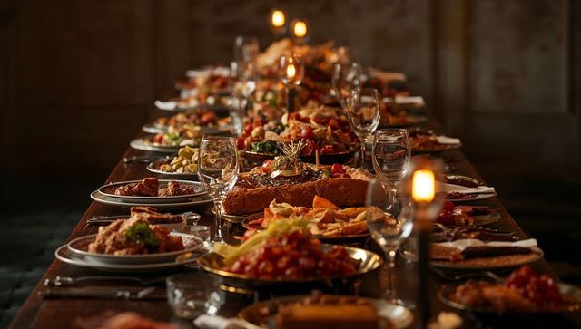 Rustic Candlelit Banquet Table Overflowing with Festive Bread, Meats and Glassware