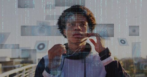 Techy Urban Runner Adjusting Earphones on Futuristic Path