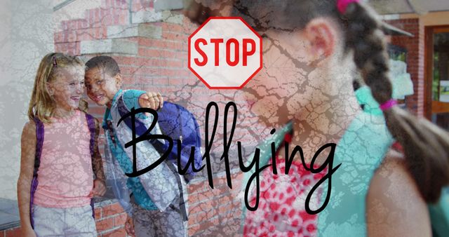 Image of sad schoolgirl at school with Stop Bullying sign, schoolboy and schoolgirl pointing and laughing at her on distressed flickering background. Education bullying concept digital composite.