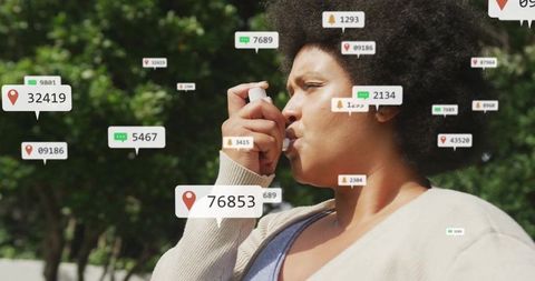 Woman Using Inhaler Surrounded by Digital Data Icons in Park