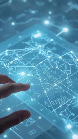 Hand tapping holographic map, activating glowing data nodes on futuristic vertical interface