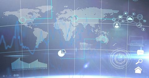 Global Technology Dashboard Interface with Analytics and Network Icons - Download Free Stock Images Pikwizard.com