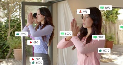 Women practicing yoga on sunny patio surrounded by social media reaction badges mindfulness