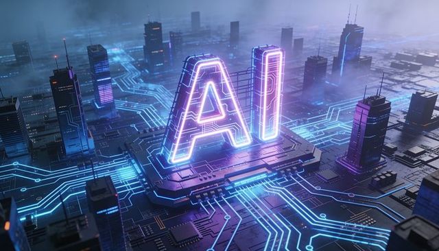 Neon ai letters crowning futuristic microchip metropolis, illuminating circuit traces and dataflow