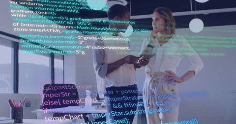 Collaborating over mobile device and laptop with code overlay in modern bright office