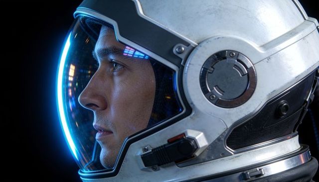 Male astronaut wearing white helmet with neon blue visor light, profile closeup portrait