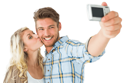 Attractive couple taking selfie on transparent background