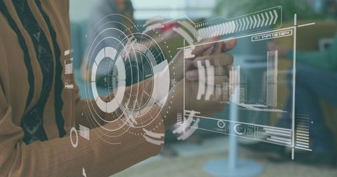 Digital data overlay with woman using hand sanitizer in office