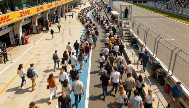 Crowd walking pit lane on race day at motorsport circuit with sponsor branding