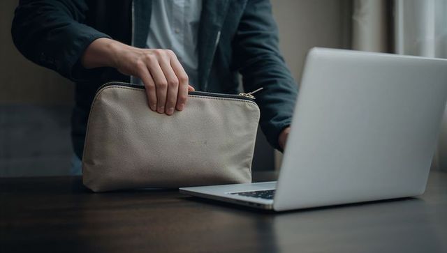 Man grasping zippered canvas pouch next to laptop on wooden desk for remote work