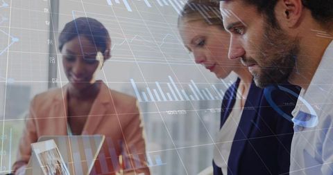 Business team collaborating over tablet with data charts, graphs and digital dashboard overlay
