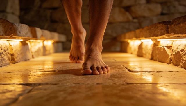 Walking barefoot along warm stone tiles with glowing led floor lights in spa corridor