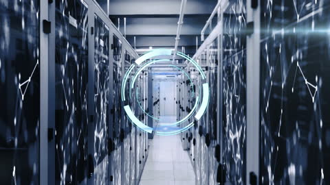 Digital Scanner Animation Over High-Tech Server Room