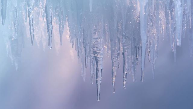 Translucent icicles catching pastel dawn light, revealing droplets and crystal fractures