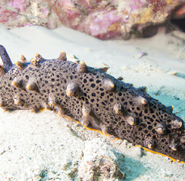 Sea cucumber resting on coral reef showing marine biodiversity underwater. Ideal for educational resources, marine biology studies, conservation efforts, oceanography materials, and nature documentaries.