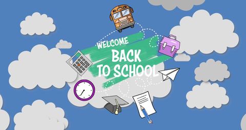 Welcome Back to School Illustration with Supplies and Bus on Cloudy Background - Download Free Stock Images Pikwizard.com