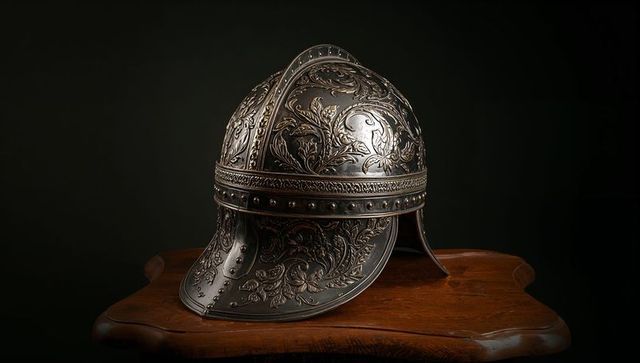 Ornate Metal Helmet with Exquisite Floral Engravings on Wooden Table
