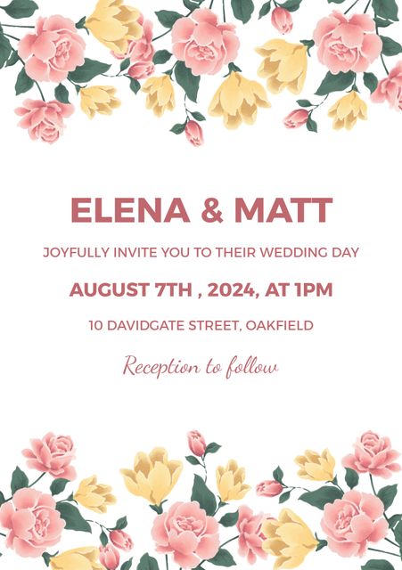Elegant wedding invitation featuring pink and yellow flowers with celebration details. Perfect for use in wedding announcements, save-the-date cards, and engagement celebrations. Beautiful and romantic design enhances the festive and joyous occasion of a wedding, giving a sophisticated touch.