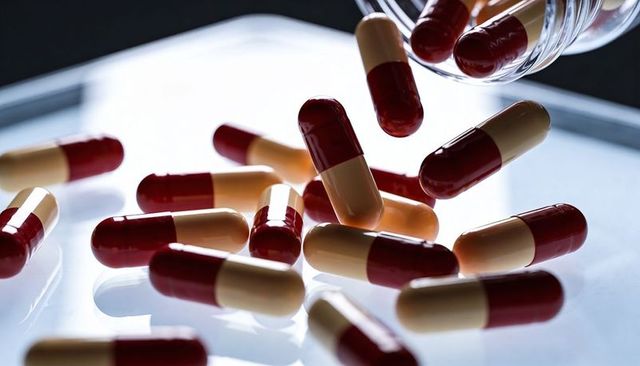 Red Beige Capsules Spilling from Glass Vial on Backlit Reflective Surface