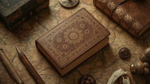 Vintage Explorer Scene with Ornate Book and Navigation Tools