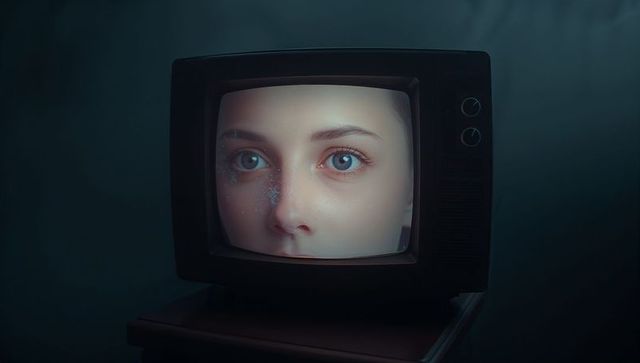 Close-Up Female Face on Vintage TV in Dim Nostalgic Ambience