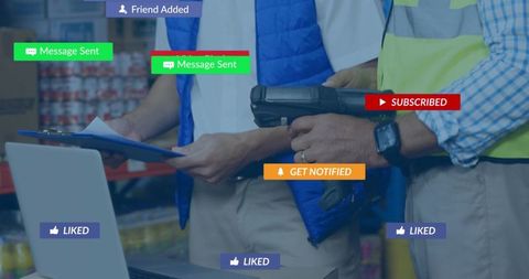 Warehouse workers using handheld scanner and laptop with digital notification overlays