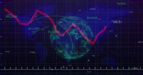 Displaying red jagged trend line crossing teal wireframe globe on financial dashboard grid