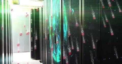 High-density server rack corridor with neon holographic data streams and code overlay