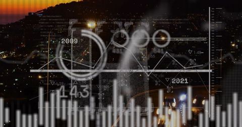 Urban Night Data Visualization Overlay Displaying Traffic Flow Trends 2009–2021 Cityscape