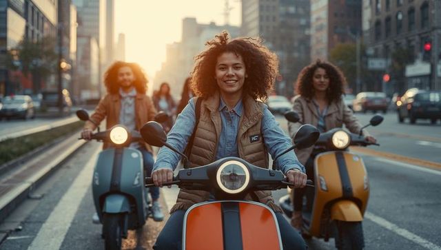 Smiling woman leading friends on colorful scooters through city at golden hour commute