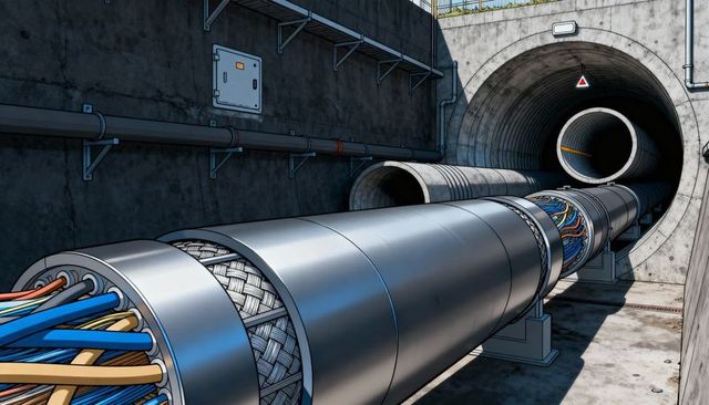 Running segmented utility cable through underground tunnel with exposed braided shielding