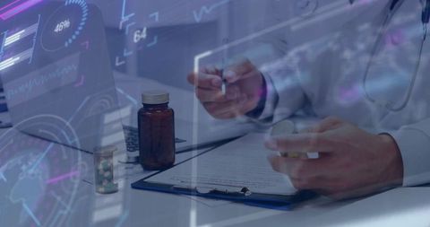 Doctor Engaging with Prescription Medication Amidst Digital Innovation