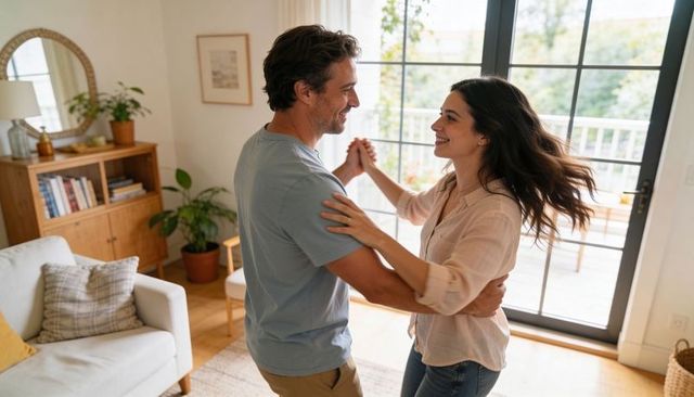 Couple dancing together in sunlit living room by glass doors, intimate cozy home romance