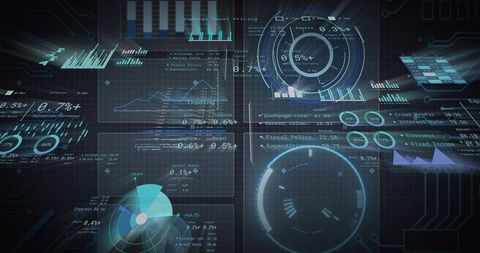 Holographic financial dashboard with pulsing hud, spinning gauges and animated charts