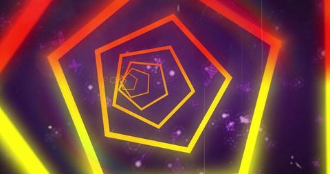 Spiraling neon pentagon tunnel with retro synthwave glow and purple nebula