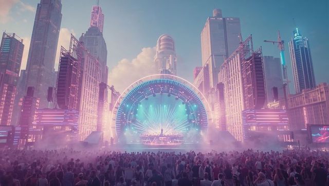 Spectacular neon-lit urban concert scene with dj on led stage