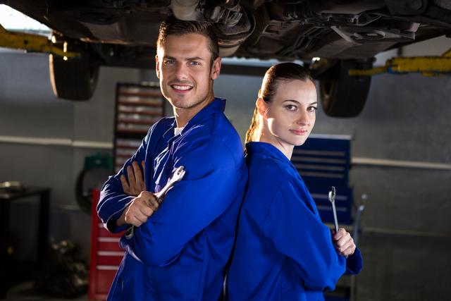 Mechanics standing back to back under a car in a repair garage, both holding tools and wearing blue uniforms. Ideal for use in automotive repair advertisements, service brochures, and websites promoting car maintenance and repair services. Highlights teamwork, professionalism, and confidence in the automotive industry.