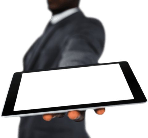 Transparent screen businessman holding tablet for innovation