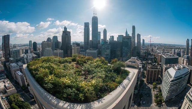 Lush Green Rooftop Garden Overlooking Urban City Skyline