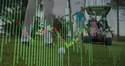 Female golfer lining up putt on green with stock market candlestick chart overlay