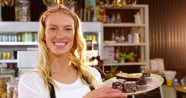 Smiling Female Baker Holding Plate of Freshly Baked Desserts in Bakery - Download Free Stock Images Pikwizard.com