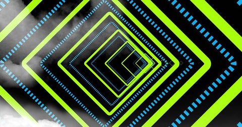 Neon diamond tunnel creating futuristic depth with lime glow and cyan dashed geometry