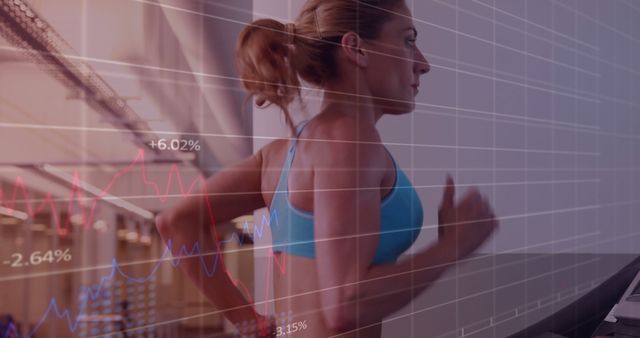 Woman Running on Treadmill with Fitness Data Overlay - Download Free Stock Images Pikwizard.com