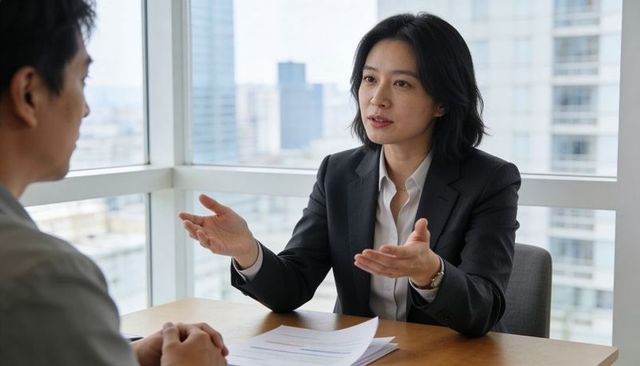 Businesswoman negotiating and gesturing during executive meeting in high-rise office with documents