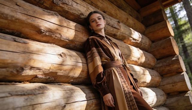Fashion model leaning against rustic log cabin wall in sunlit forest wearing belted coat
