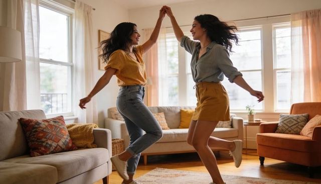 Friends dancing and twirling in sunlit cozy living room celebrating joy and movement together