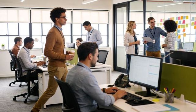 Young professionals walking and collaborating around sticky-note wall in modern office