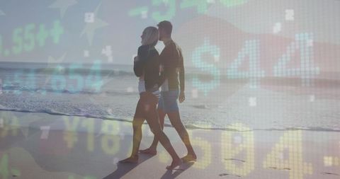 Couple Walking on Beach Overlaid with Stock Market Graphics