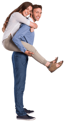 Smiling couple in happy piggyback pose isolated on transparent background