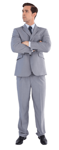 Confident businessman in gray suit on transparent background